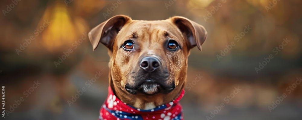 Dog with a bandana sitting obediently, showcasing training and commands Dog with a bandana sitting obediently, showcasing training and commands