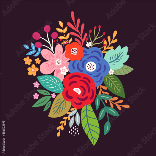 Beautiful romantic flower composition with roses, leaves, and floral bouquets
