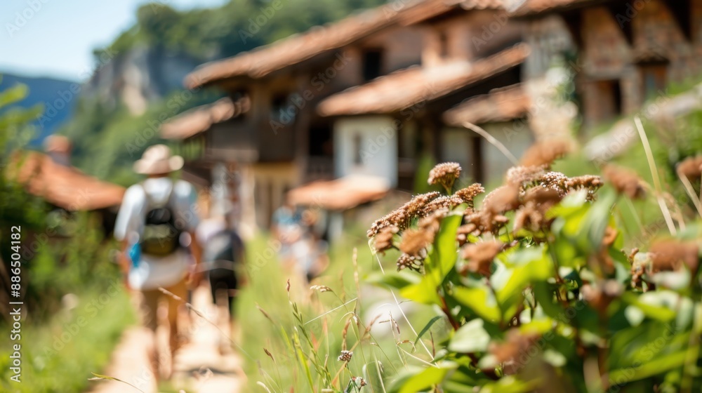 Obraz premium A group of hikers treks through a scenic mountain village, surrounded by lush greenery and traditional houses, capturing the beauty of nature and adventure.