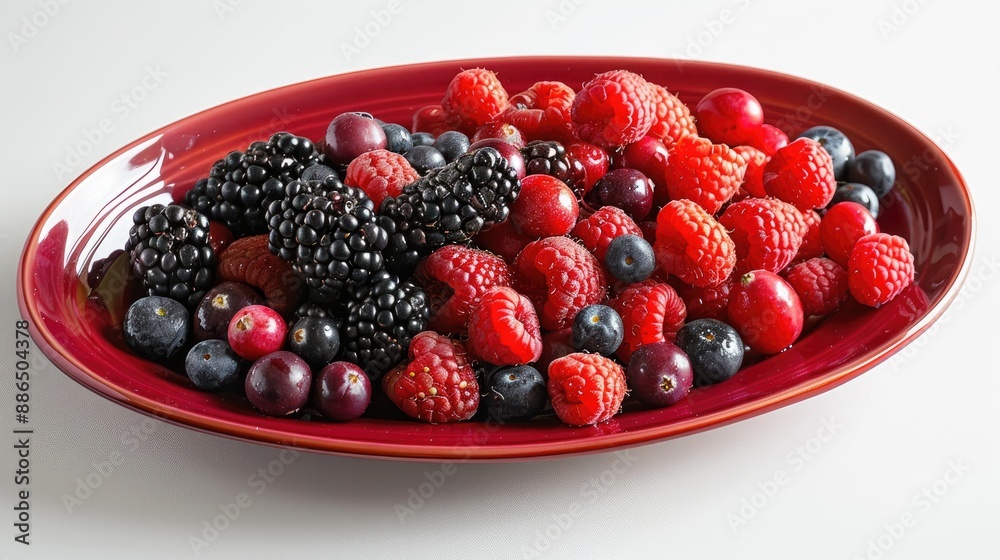 A mix of berries, including raspberries, blackberries, and cranberries, displayed on a stylish red oval plate, showcasing their vibrant colors.