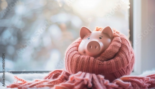 Piggy Bank Wrapped in Scarf by Window in Winter