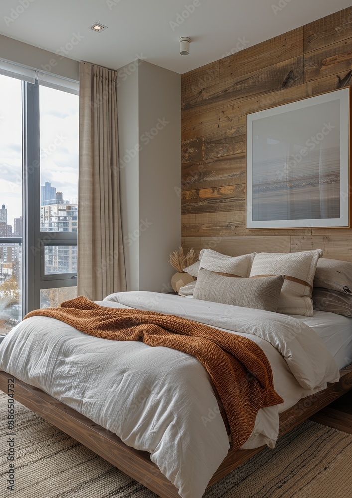 Fototapeta premium Contemporary Bedroom A sleek bedroom with a platform bed, neutral color palette, and floor-to-ceiling windows. Add a modern art piece above the bed and a minimalist nightstand.