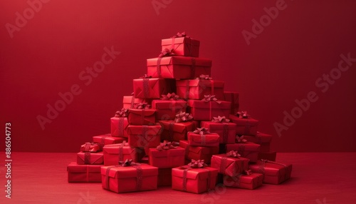 A Pile of Red Gift Boxes With Bows on a Red Surface