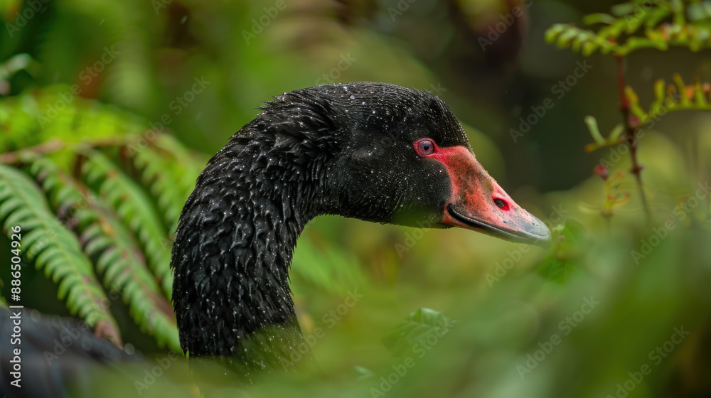 Black swan's head and neck captured in stunning detail with natural surroundings