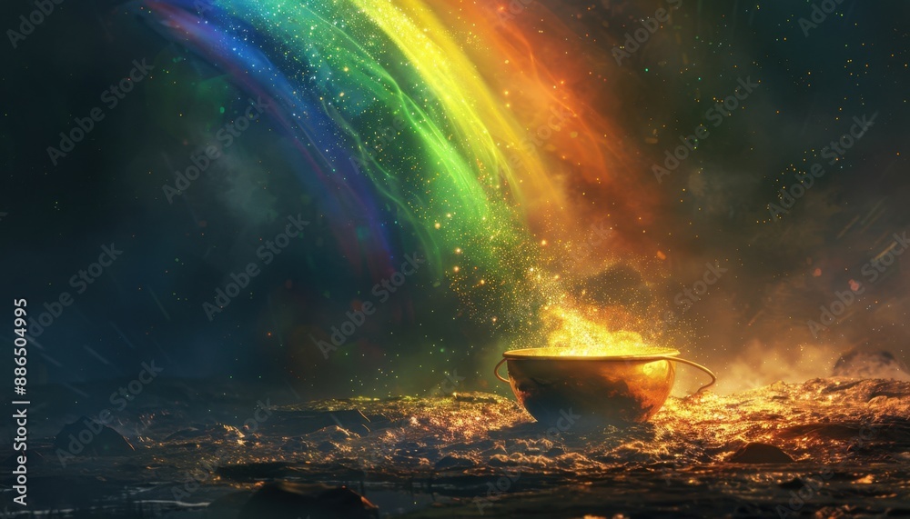 Golden Cauldron Under a Magical Rainbow in a Mystical Landscape Golden Cauldron Under a Magical Rainbow in a Mystical Landscape