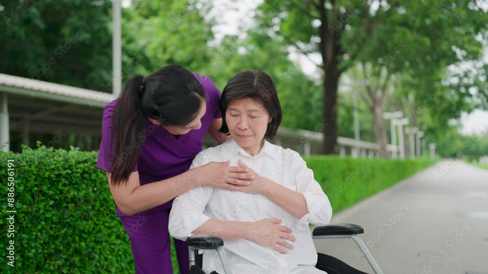 Caregiver talking to happy senior patient in wheelchair for rehabilitation, nurse help with service. Smiling physiotherapist taking care of the happy senior patient in wheelchair, outdoor. Caregiver talking to happy senior patient in wheelchair for rehabilitation, nurse help with service. Smiling physiotherapist taking care of the happy senior patient in wheelchair, outdoor.