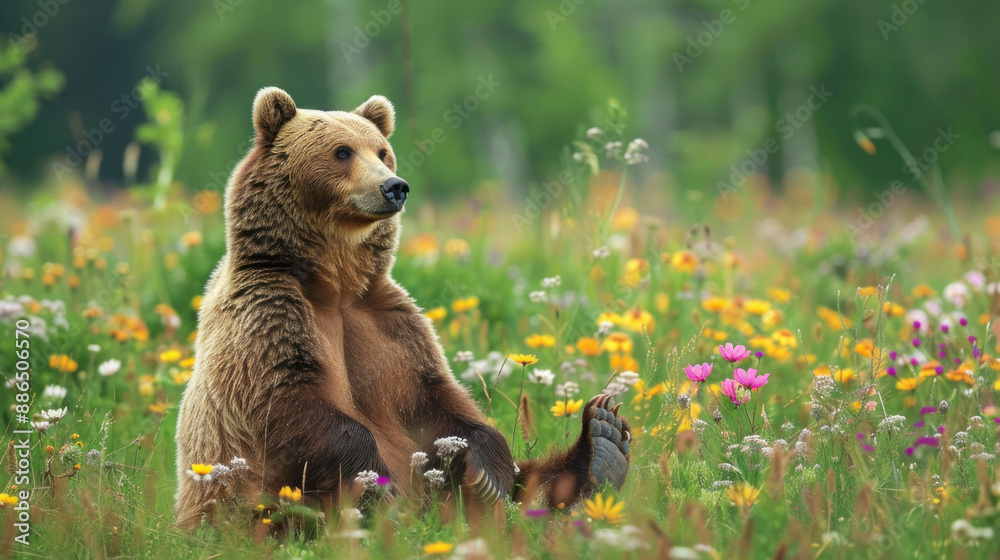 Brown bear (Ursus arctos) sitting on its hind legs in a meadow, surrounded by wildflowers Brown bear (Ursus arctos) sitting on its hind legs in a meadow, surrounded by wildflowers