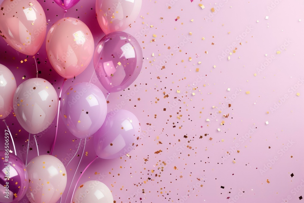 Festive background. Pink balloons with confetti on a pink background. Birthday card, holiday, place for text. Partying and celebration. Children's party concept