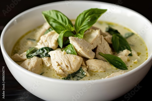 Green Curry bursting apart, revealing a mix of chicken, bamboo shoots, and basil leaves in a creamy, spicy sauce