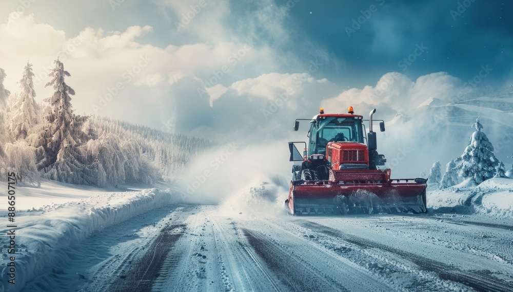 Red Snowplow Clearing Snow On Snowy Mountain Road