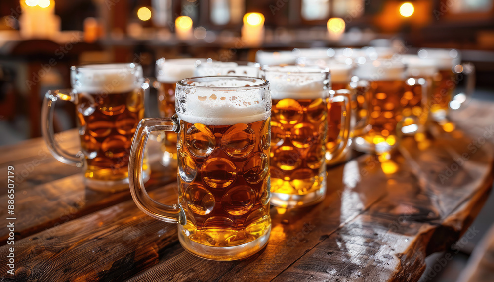 many glasses of beer on wooden table at a beer festival, pub with light garland on the background no people