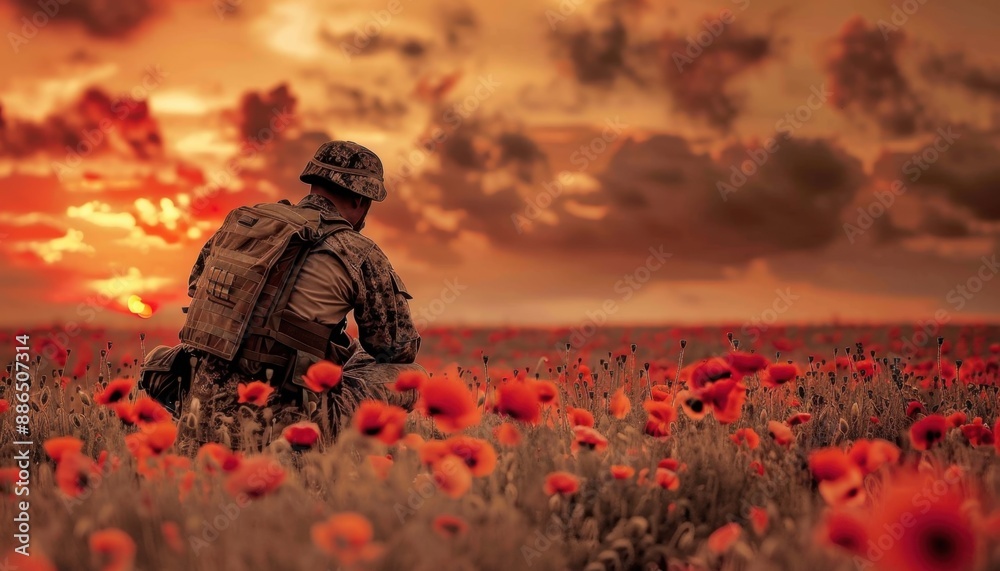Soldier Sitting in Field of Poppies at Sunset Soldier Sitting in Field of Poppies at Sunset