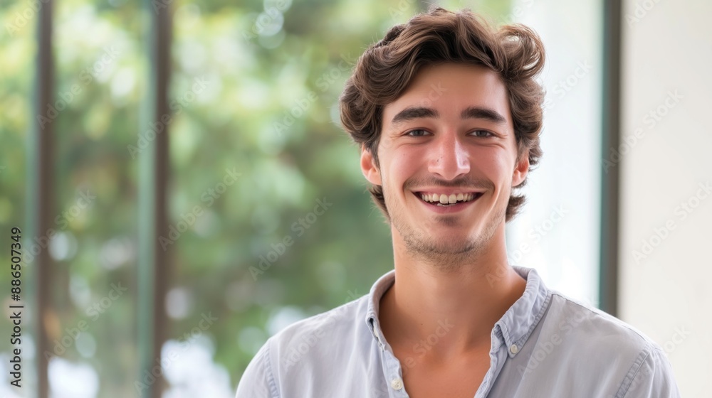 Smiling French Young Man in Blue Shirt, Positive Emotion, Natural Light, Suitable for Print, Card, Poster Design. Smiling French Young Man in Blue Shirt, Positive Emotion, Natural Light, Suitable for Print, Card, Poster Design.