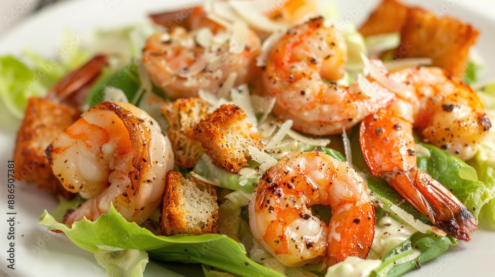 Caesar salad topped with grilled shrimp, croutons, and a zesty Caesar dressing, on a white plate Caesar salad topped with grilled shrimp, croutons, and a zesty Caesar dressing, on a white plate
