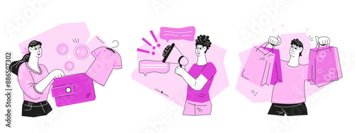 Calling customers to a sale, announcing bargain and sales, SMM marketing concepts set, flat vector illustration isolated on white background. SMM strategy and digital marketing. People buying goods.