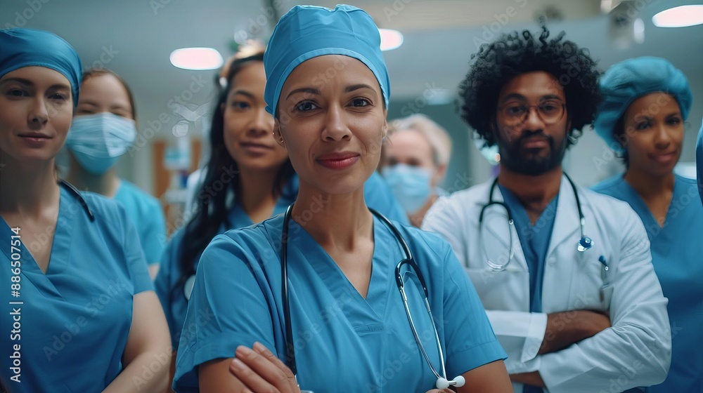 Diverse group of healthcare professionals in scrubs and lab coats, showcasing teamwork and dedication in a medical setting. Diverse group of healthcare professionals in scrubs and lab coats, showcasing teamwork and dedication in a medical setting.