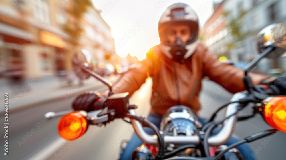 A motorbike rider cruises through a busy city street in the evening, capturing the dynamic energy and movement of urban life under a glowing sunset. A motorbike rider cruises through a busy city street in the evening, capturing the dynamic energy and movement of urban life under a glowing sunset.