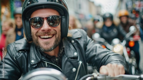 A man smiles broadly as he rides his motorcycle through the bustling city streets, wearing a black helmet and leather jacket and enjoying the urban adventure.