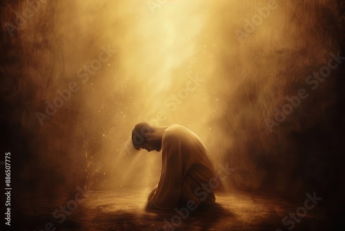 A silhouette of a person kneeling in a meditative pose, surrounded by a warm golden light, symbolizing spirituality, peace, and enlightenment. photo