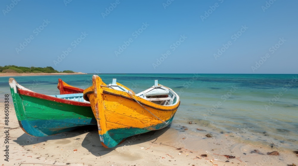 Three vibrantly painted boats rest on a sandy beach with a calm, clear shoreline in the background, under a bright blue sky, representing tranquility and adventure. Three vibrantly painted boats rest on a sandy beach with a calm, clear shoreline in the background, under a bright blue sky, representing tranquility and adventure.