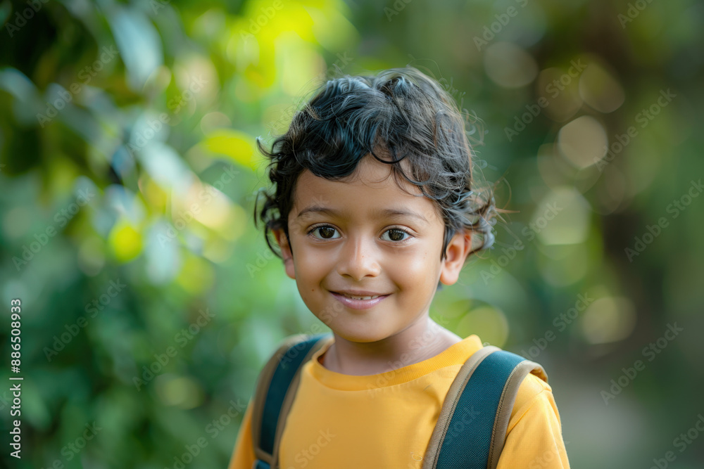 Adorable student is smiling while posing outdoors with a backpack on and a lush green background Adorable student is smiling while posing outdoors with a backpack on and a lush green background