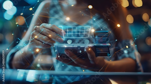 Digital online marketing commerce sale concept. Woman using tablet payments online shopping and icon customer network connection on hologram virtual screen, m-banking and omni channel..