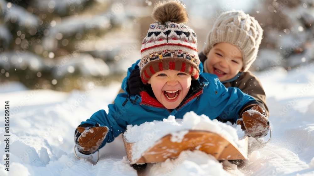 Two happy children, warmly dressed, are seen sledding with big smiles on their faces, surrounded by a beautiful snowy landscape, celebrating the joy of winter playtime.