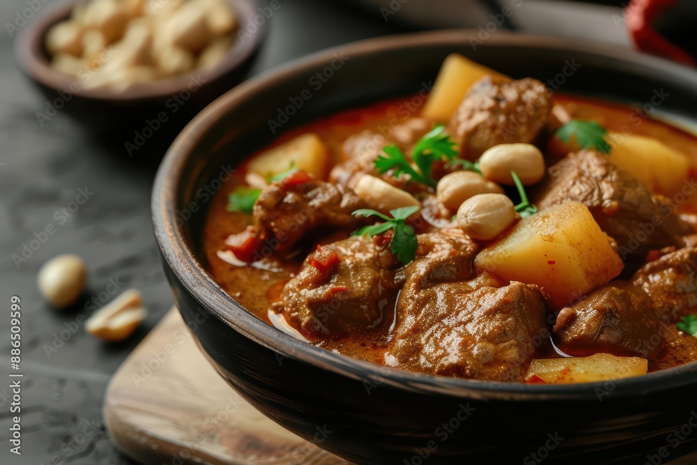 Massaman Curry splashing, with chunks of tender meat, potatoes, and peanuts suspended in a rich, aromatic sauce Massaman Curry splashing, with chunks of tender meat, potatoes, and peanuts suspended in a rich, aromatic sauce