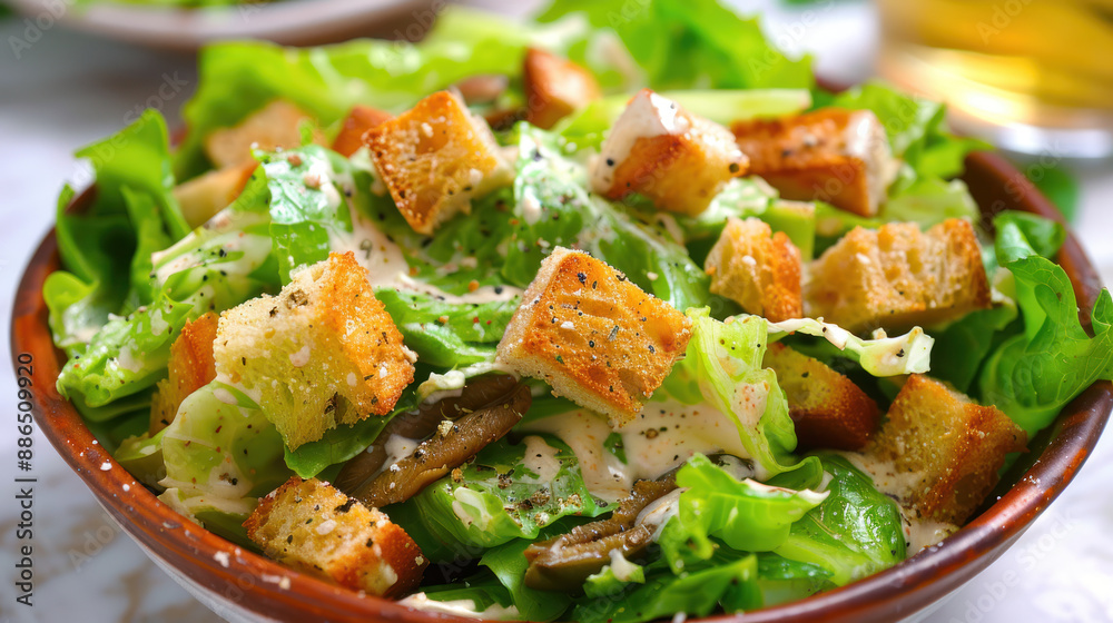 Classic Caesar salad with romaine lettuce, anchovies, croutons, and a generous drizzle of Caesar dressing Classic Caesar salad with romaine lettuce, anchovies, croutons, and a generous drizzle of Caesar dressing