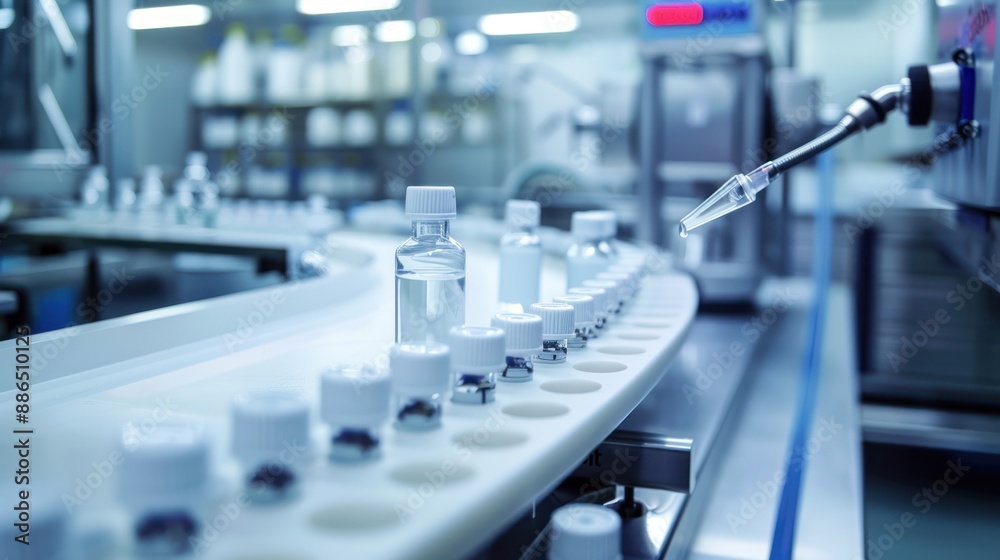 A modern laboratory setting with rows of sterile medical bottles being capped and sealed by automated machines, highlighting the cleanliness and efficiency with minimalist style A modern laboratory setting with rows of sterile medical bottles being capped and sealed by automated machines, highlighting the cleanliness and efficiency with minimalist style