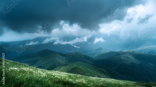 Fototapeta Naklejka Na Ścianę i Meble -  Dramatic Mountain Landscape Under Ominous Storm Clouds Evoking Nature s Power and Majesty