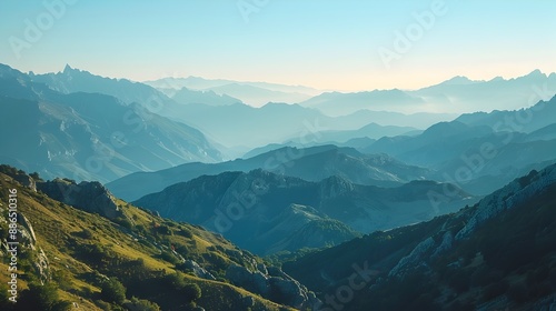 Dramatic Mountain Landscape at Dawn with Illuminated Peaks and Shadows