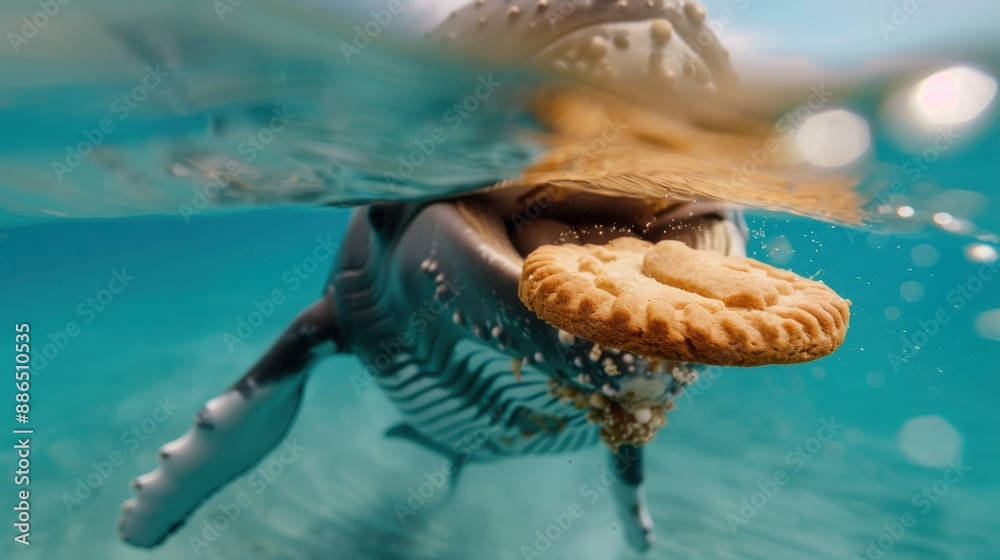 A whimsical image featuring a whale partially submerged underwater with a cookie in its mouth, highlighting a charming and humorous moment in the aquatic world. A whimsical image featuring a whale partially submerged underwater with a cookie in its mouth, highlighting a charming and humorous moment in the aquatic world.