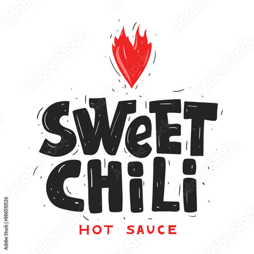 Sweet Chili. Spicy hot sauce. Badge, illustration of hot fire heart. Vector file