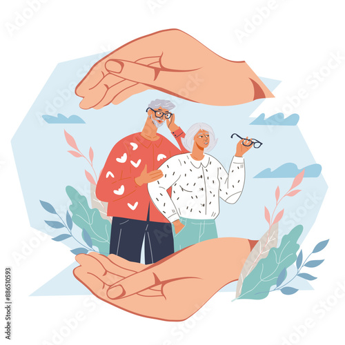 Elderly care insurance and healthcare concept for seniors. Big hands carefully embrace old man and woman, flat vector illustration isolated on white.