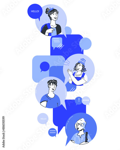 Online communication or video conference call concept, flat vector illustration isolated on white background. Distant communication and online chat technology banner with avatars of people.