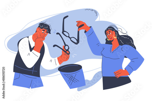 People throw glasses in the trash after vision treatment or lasik correction. Improvement and correction of vision with laser surgery, ophthalmotherapy and contact lenses advert, vector illustration i