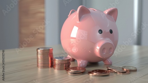 The piggy bank and coins photo