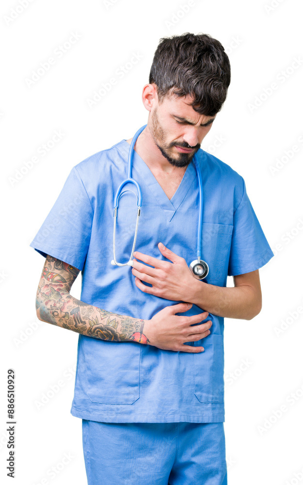 Young handsome nurse man wearing surgeon uniform over isolated background with hand on stomach because nausea, painful disease feeling unwell. Ache concept. Young handsome nurse man wearing surgeon uniform over isolated background with hand on stomach because nausea, painful disease feeling unwell. Ache concept.