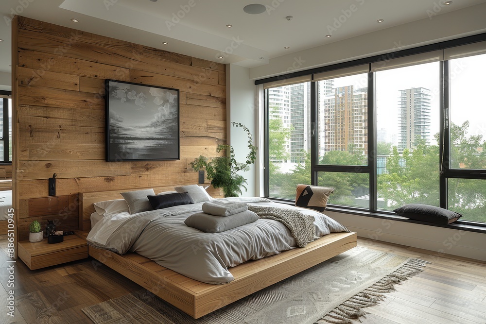 Fototapeta premium Contemporary Bedroom A sleek bedroom with a platform bed, neutral color palette, and floor-to-ceiling windows. Add a modern art piece above the bed and a minimalist nightstand.