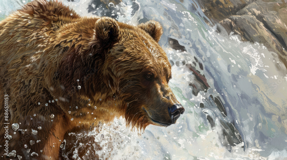 Fototapeta premium Close-up of a brown bear (Ursus arctos) standing by a river, looking for fish