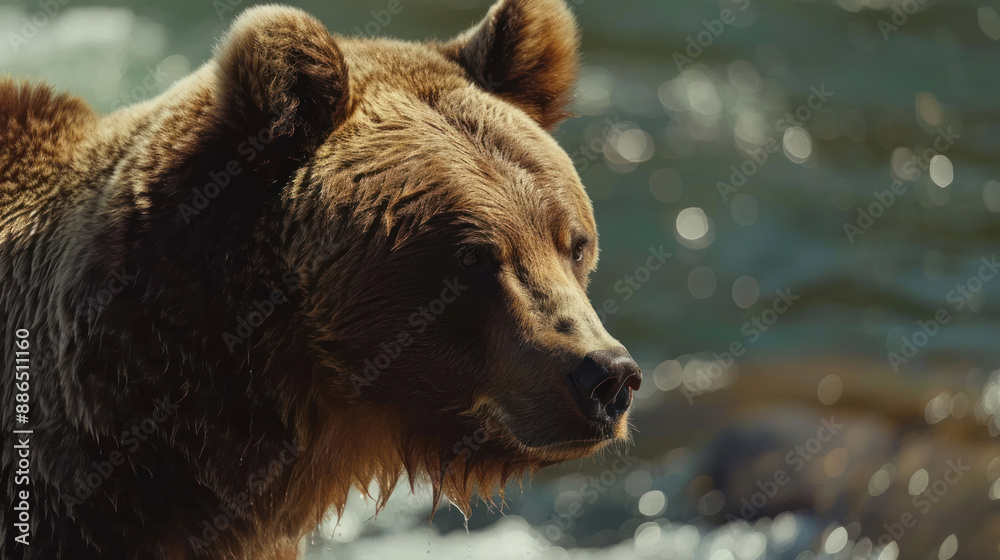 Fototapeta premium Close-up of a brown bear (Ursus arctos) standing by a river, looking for fish