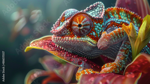 Close-up of a chameleon gripping a flower, showing its unique skin patterns