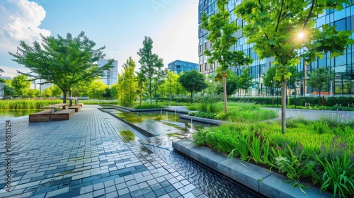 A modern urban park with a water harvesting system, featuring permeable pavements and rain gardens, highlighting sustainable city planning