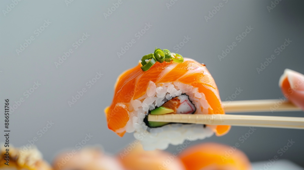 Salmon sushi roll on white background. AI Generative. Salmon sushi roll on white background. AI Generative.