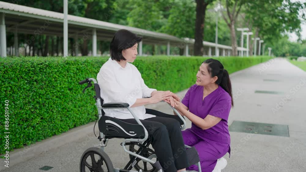 Asian nurse, retirement home and support woman with disability in wheelchair for medical trust, advice or wellness. Nursing talking to patient for rehabilitation, healthcare and help service. Asian nurse, retirement home and support woman with disability in wheelchair for medical trust, advice or wellness. Nursing talking to patient for rehabilitation, healthcare and help service.