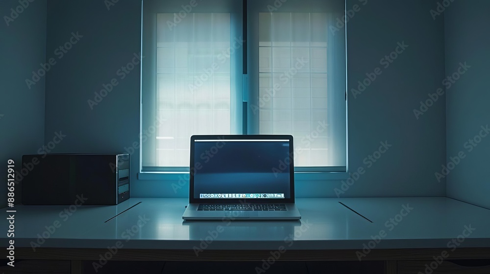 Minimalist workspace with a laptop on a desk, bathed in soft natural light from the window in the background. Minimalist workspace with a laptop on a desk, bathed in soft natural light from the window in the background.