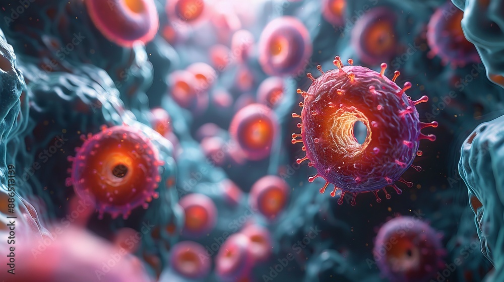 Detailed realistic close up render of dense colony of bacteria inside cell wall Detailed realistic close up render of dense colony of bacteria inside cell wall