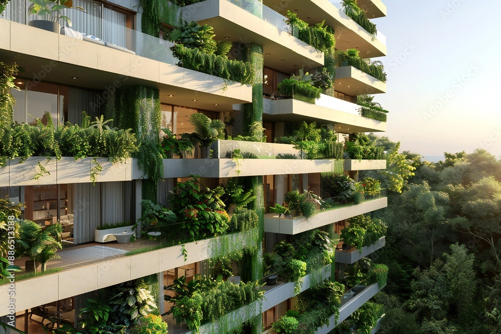 Multi storey living building with green gardens in the balconies Generative Ai Multi storey living building with green gardens in the balconies Generative Ai
