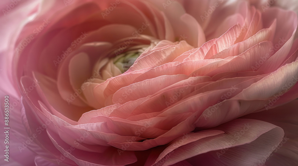 Close-up of a pink ranunculus blossom, focusing on the flower's rich color and texture